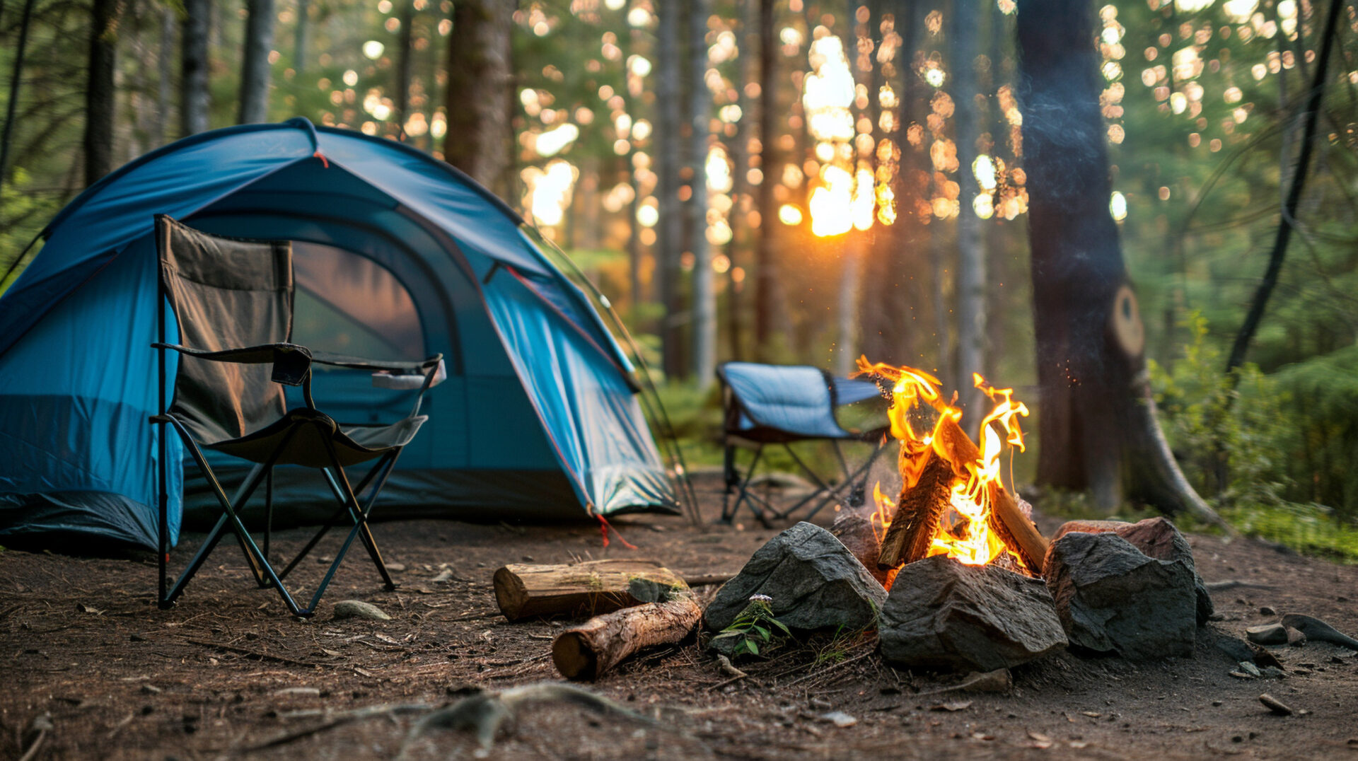 Accueil - Tourists camping with tent near fire forest near lake - Outdoor Starterkit